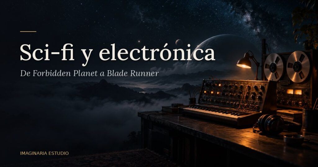 Sintetizador analógico vintage con cables bajo luz ámbar frente a un cielo nocturno estrellado