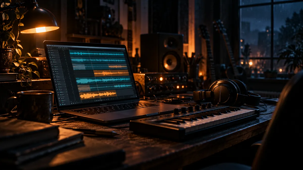 Portátil con un editor de audio y varias pistas de forma de onda en un estudio casero en penumbra