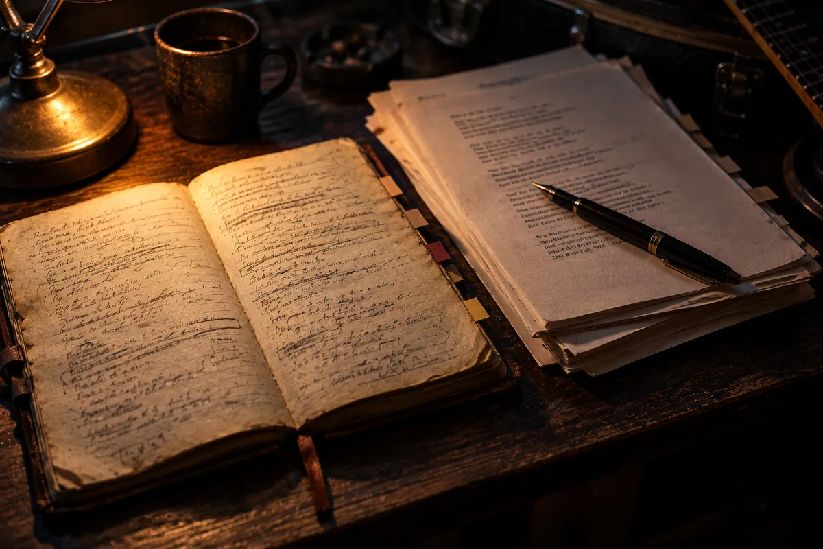 Cuaderno con letras manuscritas junto a un manuscrito impreso sobre una mesa en penumbra