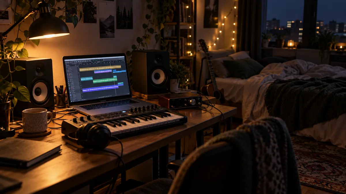 Pequeño estudio casero en un dormitorio con portátil, interfaz de audio, teclado MIDI y monitores