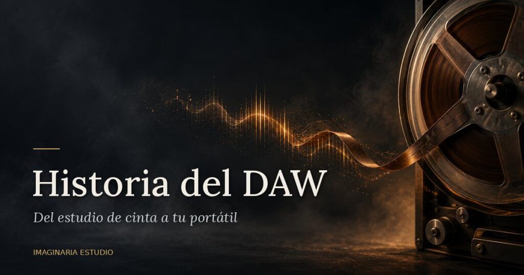 Bobina de cinta magnética antigua que se transforma en ondas de audio digitales luminosas