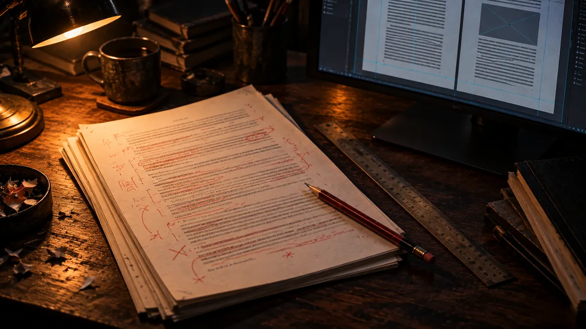 Escritorio de trabajo nocturno con manuscrito impreso lleno de correcciones y pantalla de maquetación