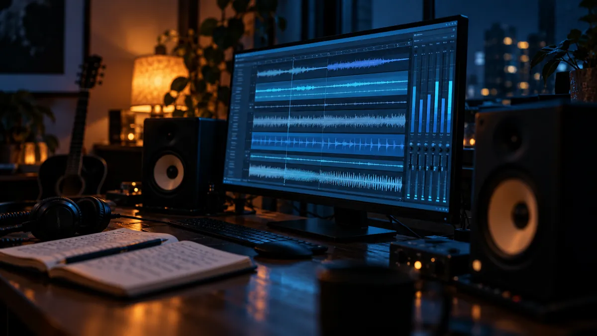 Pantalla de mezcla de audio con pistas y formas de onda iluminadas en penumbra sobre una mesa de trabajo