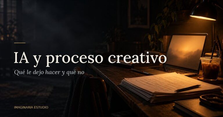 Escritorio creativo en penumbra con portátil, manuscrito y teclado musical bajo una luz cálida