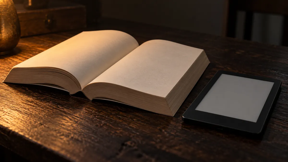 Libro de tapa blanda abierto junto a un lector de libros electrónicos sobre una mesa de madera