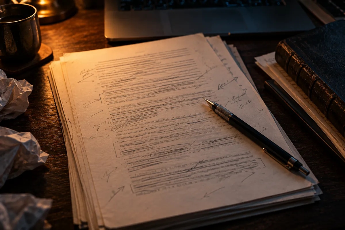 Manuscrito impreso con correcciones a mano junto a un portátil en un escritorio oscuro