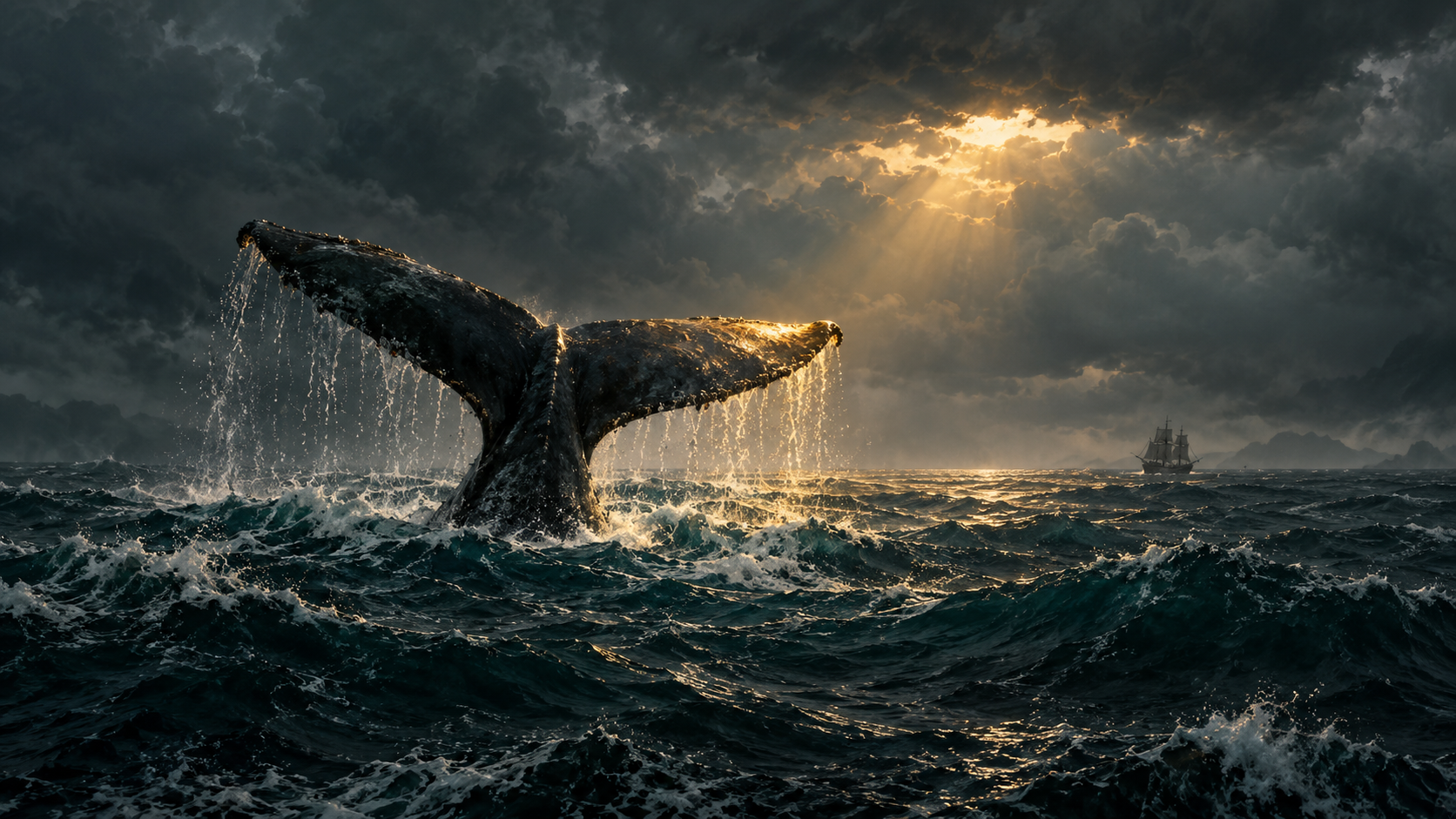 Cola de ballena emergiendo en un mar oscuro y tormentoso bajo un cielo plomizo