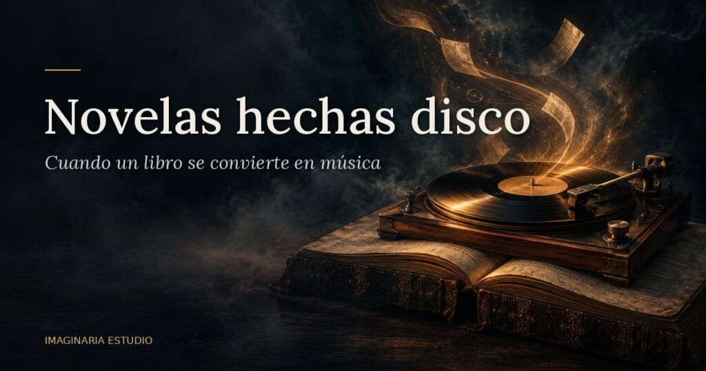 Tocadiscos con un vinilo girando sobre un libro antiguo abierto en penumbra