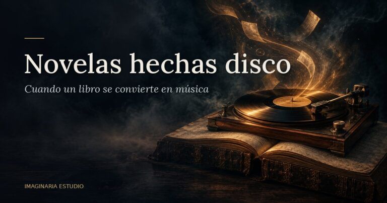 Tocadiscos con un vinilo girando sobre un libro antiguo abierto en penumbra