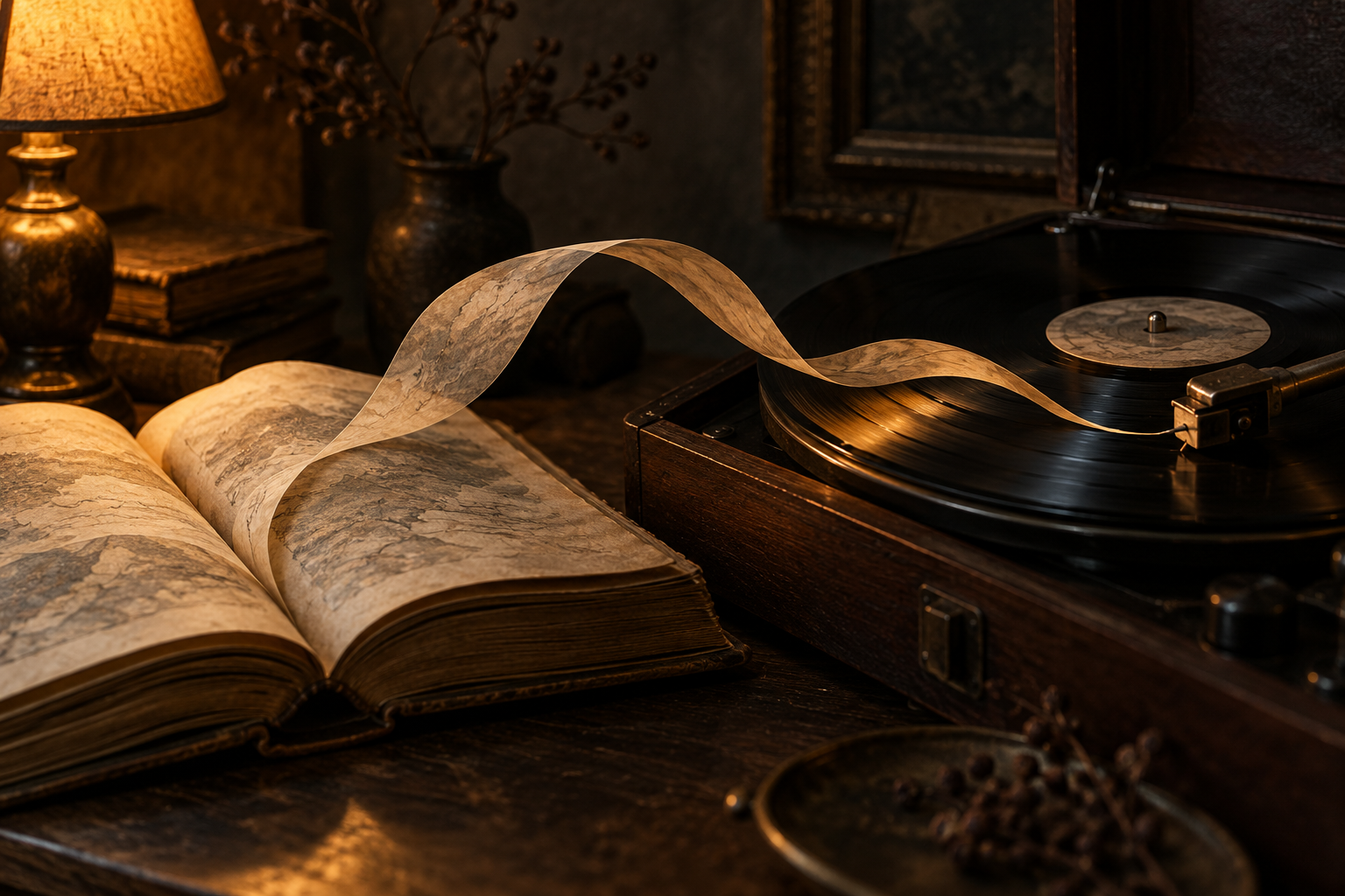 Libro antiguo abierto junto a un tocadiscos con un vinilo en penumbra cálida