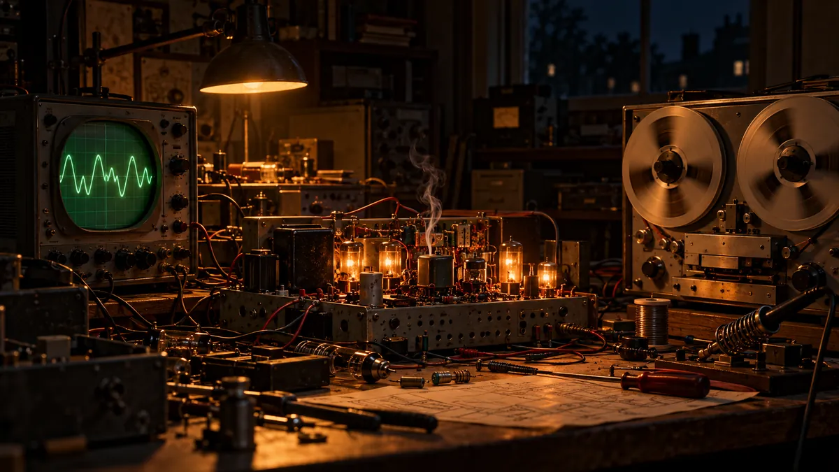 Estudio casero de los años cincuenta con circuitos, válvulas y magnetófono de bobina abierta