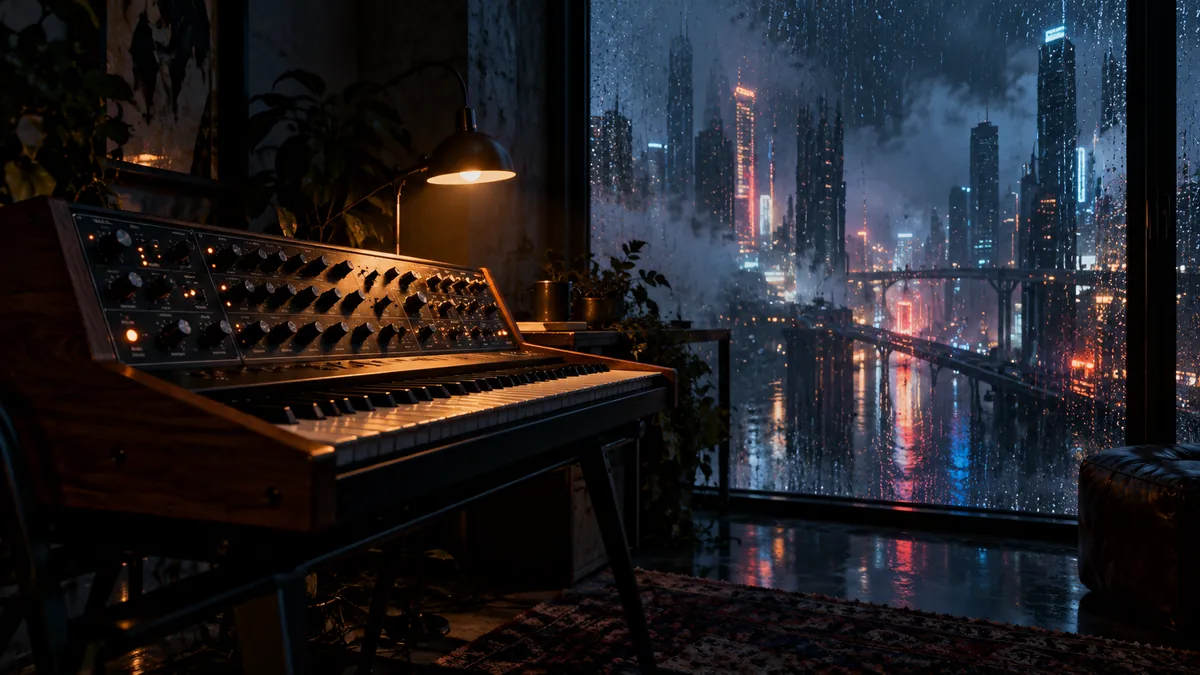 Sintetizador analógico junto a una ventana con ciudad futurista bajo la lluvia nocturna